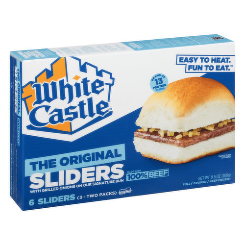 3 - two packs. Sliders with grilled onions on our signature bun. 13 grams of protein per serving. This product contains a bioengineered food ingredient. Made with 100% beef. Easy to heat. Fun to heat. Fully cooked. Kick your crave up a notch. White Castle invented the original slider. Then we invented the cheese slider. Then we kicked it up a notch. The jalapeno cheese slider adds a spicy kick to that legendary 100% beef, cheese and onion combo. So if your thing is a little more zing, have we got a slider for you. These jalapeno cheese sliders are so addictive, and so easy to make, that the next time you check this box, it could be empty. From our castle to your freezer - it's what you crave! Turn your home into a castle. WhiteCastle.com/recipes WhiteCastle.com/contact-us Share your crave! Show us how you turn your home into a Castle! Tag us on socials (hashtag)whitecastle. (hashtag)longlivesliders. For questions or comments about this product, contact us at whitecastle.com/contact-us or write to us at White Castle Food Products, LLC, Attn: Customer Feedback, 555 Edgar Waldo Way, Columbus, OH 43215 and attach the production code number above. There's more than one way to satisfy your crave! Check out our recipe ideas to switch up your slider game. Go to whitecastle.com/recipes. Recyclable where recycling facilities exist.