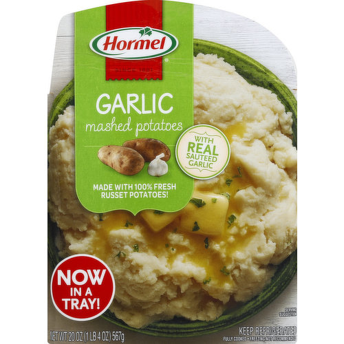 With real sauteed garlic. Made with 100% fresh russet potatoes! Since 1891. Now in a tray! Questions or comments, visit www.Hormel.com or call 1-800-523-4635. Enough room has been provided in the tray to allow mixing during product preparation.