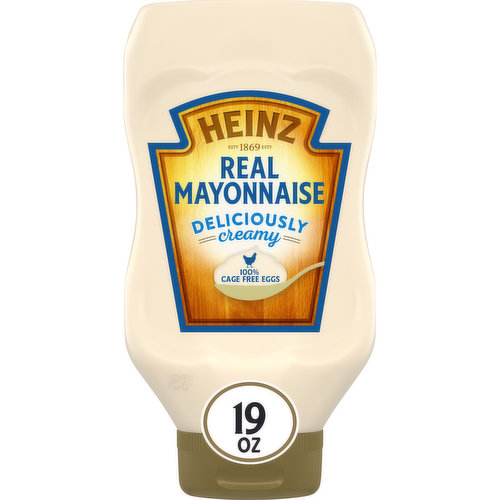 Heinz Real Mayonnaise has been crafted to be more like homemade. Made with only the highest quality ingredients like 100% cage free eggs, lemon juice and carefully selected oil and vinegar, this real mayonnaise adds delicious flavor and unforgettable creaminess to your favorite foods. This mayonnaise is ready to use, and the thick, rich and creamy texture ensures easy spreading and dipping. Add this versatile sandwich dressing to your favorite salads or spread it on deli sandwiches. Heinz Real Mayonnaise also makes a wonderful dipping sauce for fries. This bottled mayonnaise is packaged in a 19 ounce squeeze bottle for convenient application. Refrigerate after opening. It is also available in a resealable jar for convenient no-mess application.