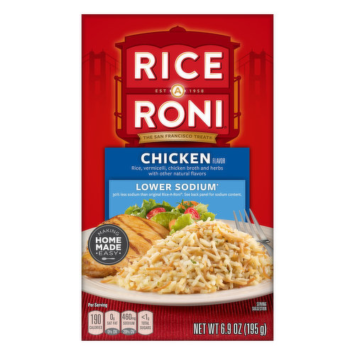 Rice, vermicelli, chicken broth and herbs with other natural flavors. Per Serving: 190 calories; 0 g sat fat (0% DV); 460 mg sodium (20% DV); less than 1 g total sugars. Lower sodium (Original Rice-A-Roni Chicken Sodium: 730 mg per serving. Reduced Sodium Rice-A-Roni: 460 mg per serving). Less Fat Directions: Follow range top or microwave directions, except substitute butter with 1-1/2 tablespoon olive oil. Fat reduced to 2.5 g from 4 g per serving. Saturated fat reduced to 0.5 g from 1 g per serving. Trans fat reduced to 0 g from 0.5 g per serving. 30% Less sodium that original Rice-A-Roni. See back panel for sodium content. EST 1958. Making home made easy. The San Francisco treat. Package contains empty space to accommodate grain to seasoning ratio. This package is sold by weight, not by volume. Contents may settle during shipping and handling. Quality guarantee. ricearoni.com. SmartLabel: Scan for more food information. 1-800-421-2444 Call for more food information. We're here to help. ricearoni.com or 800-421-2444. Please have package available when calling. Find more ideas at ricearoni.com/recipes. Pasta Roni Angel Hair Pasta with Herbs. Try Pasta Roni for another easy homemade meal.