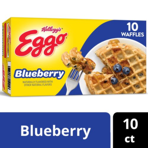 <ul><li>Delicious frozen waffles with an inviting homestyle flavor and the classic Eggo shape for a tasty part of breakfast or any time of the day</li><li>Crisp, golden, and delightfully fluffy, these rich waffles are made with yummy blueberries for an irresistible homemade taste</li><li>Good source of 9 vitamins and minerals; No artificial colors or flavors; Kosher Dairy; Contains wheat, egg, milk, and soy ingredients</li></ul><br/>Wake up and greet the day with the feel-good taste of Kellogg's Eggo blueberry waffles. Deliciously crispy and fluffy, our Eggo blueberry waffles are crafted with delicious ingredients for a quick and easy breakfast. Pop these frozen waffles in the toaster or oven for a delightfully crisp texture and the familiar, inviting taste of homemade waffles. These tasty frozen waffles are made with pantry-perfect staples; and every serving provides a good source of nine vitamins and minerals. Conveniently packaged and easy to prepare, Kellogg's Eggo blueberry waffles help bring warmth and smiles to fast-paced, busy mornings. Great for families and individuals alike, these delicious, rich waffles are made to enjoy as part of a delicious breakfast. Try them with your favorite morning toppings such as butter and syrup, jellies and jam, peanut butter, hazelnut spread, fresh fruit, berries, whipped cream, and powdered sugar. They're just so delicious, would you L'Eggo your Eggo?