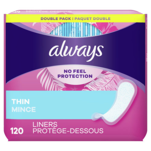 Always Daily Liners Thin No Feel Protection Daily Liners Regular Absorbency Unscented, 120 Count