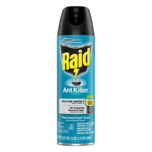A Family Company since 1886. Kills on contact. No lingering chemical odor. Defense system. Attach bugs (Use to kill ants on contact. Avoid spraying near baits to make sure bugs can bring the bait back to where they hide). Controls bugs (Use a Raid Ant Bait product to kill ants where they hide. For heavy infestations, first use a Raid Fogger or Fumigator product and then place baits to provide ongoing control. Read the label to find the right product for your bug problem). Prevent bugs (Use a Raid Max Bug Barrier product to keep ants, Or, spray this product along baseboards, inside cracks, and behind appliances. Do not spray surfaces with more than one pest control product. Read the label to find the right product for your bug problem). Helps you work smarter, not harder, to fight bugs. Use This Product To: Kill bugs on contact. Use Other Raid Products To: Kill bugs at the source; Keep bugs out. Kills: Ants. Roaches. Crickets. Earwigs. Household spiders. Multi-colored Asian lady beetles. Silverfish. Stinkbugs. raidkillsbugs.com. Visit raidkillsbugs.com to identify your bug and best treatment plan. Questions? Comments? Call 800-558-5252 or write Helen Johnson. Contains No CFCs or other ozone depleting substance. Federal regulations prohibit CFC propellants in aerosols.