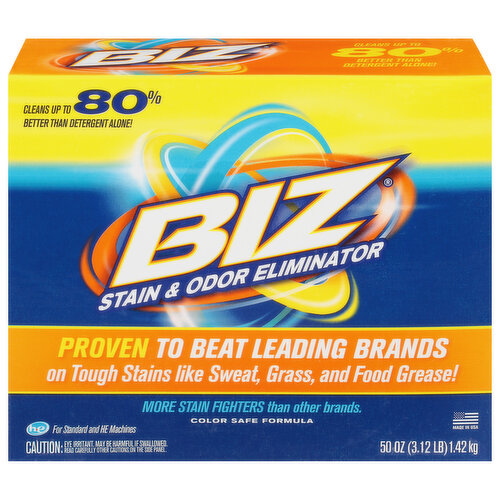 Cleans up to 80% better than detergent alone! Proven to beat leading brands on tough stains like sweat, grass, and food greases! More stain fighters than other brand. Color safe formula. For standard and HE machines. Go ahead and get dirty. We've got you covered. We've put more in Biz so it really works better. Works Great on These Stains & More: grass; gravy; sauces; baby food; dirt; coffee; blood; greasy foods; sweat; juice; lipstick; condiments; spaghetti sauce; dressing; chocolate. Different stains require different ingredients to eliminate them. Biz is fully-formulated to work on more stains than most other brands. In fact, independent studies prove Biz fights tough stains (Tough stains like sweat, grass and food grease. See test results 18095GG25-A at BizStainFighter.com) better than leading brands guaranteed! Compare for yourself!: Biz: enzamix; peroxide; detergents; whitening agents. Comparison of powder laundry additives. Hundreds of multipurpose uses! Laundry. Bath tub & tile. Kitchen. Patio & decks. Plus more! Use Biz to clean up stains, messes and odors on hard surfaces all around the home.