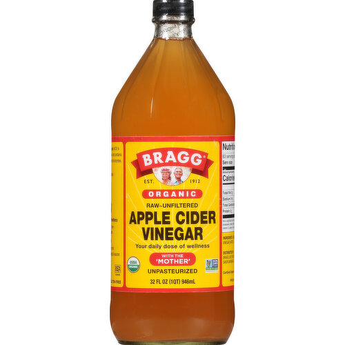 USDA Organic. Certified Organic by Organic Certifiers. Gluten-free. Non GMO Project verified. nongmoproject.org. Est. 192. Raw-unfiltered. Your daily dose of wellness with the mother. Unpasteurized. Bragg Organic Apple Cider Vinegar (ACV) is made from organically grown apples and contains the Mother, home of organic acids and enzymes. ACV for your daily dose of wellness. Diluted to 5% acidity. As a natural product, color & flavor may vary. www.bragg.com. Visit www.bragg.com for more health benefits and recipes. Protect our planet. Product of USA.