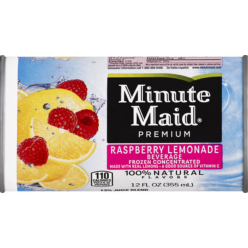 Made with real lemons. A good source of vitamin C. 100% natural flavors. Per 8 fl oz Prepared: 110 calories. www.minutemaid.com. 13% juice blend. A blend of lemon and raspberry juice concentrates and other ingredients. Product of Canada.