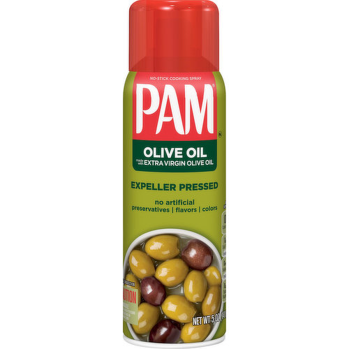 Made with extra virgin olive oil. No artificial preservatives; flavors; colors. Per 0.25 g Serving: 0 g calories; 0 g sat. fat (0% DV); 0 mg sodium (0% DV); 0 g total sugars. Expeller pressed. Superior no stick. Pam Extra Virgin Olive Oil delivers superior non-stick performance while adding zero fat to your cooking. Its versatility makes it great for any dish when cooking on your stovetop or in the oven. So try something new, or perfect an old favorite. Just get cooking! For fat free cooking. www.pamcookingspray.com. how2recycle.info. www.inhalant.org. Questions, visit us at www.pamcookingspray.com or call 1-800-726-4968. For more great tips and recipes visit our website www.pamcookingspray.com. Empty before recycling. Remove from can. Check locally (not recycled in all communities). how2recycle.info.