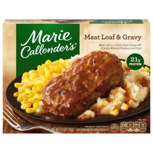 Must be cooked thoroughly. Mashed potatoes with real butter. Golden sweet corn. Made from scratch gravy. Classic meatloaf. Warm, hearty & delicious. Comfort food meals you know and love - ready when you need them! No artificial colors.