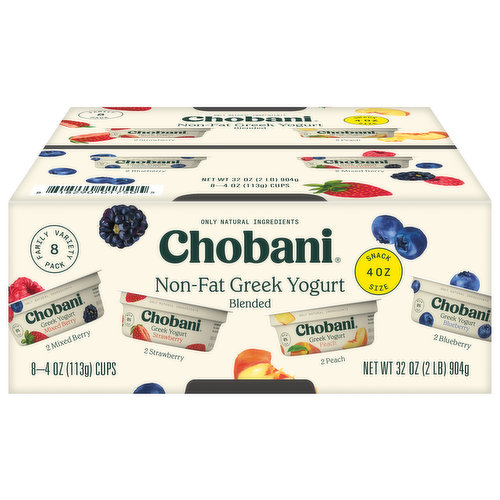 Chobani Yogurt, Greek, Non-Fat, Blended, Snack Size, Family Variety 8 Pack