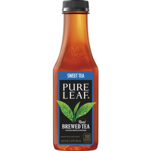 Real brewed tea. Never from powder. 160 calories per bottle. Caffeine Content: 69 mg/18.5 fl oz. Real tea, done right. Our real-brewed difference: Taste iced tea the way it was meant to be: brewed from real tea leaves, fresh-picked, carefully dried, and expertly brewed. Pure Leaf is never made from powder, so you can enjoy the delicious taste of real-brewed iced tea in every bottle. No artificial sweeteners. No HFCS: No high fructose corn syrup.  pureleaf.com. We're here to help. pureleaf.com or 866.612.2076. Rainforest Alliance Certified Tea. Please recycle.  Brewed in USA.