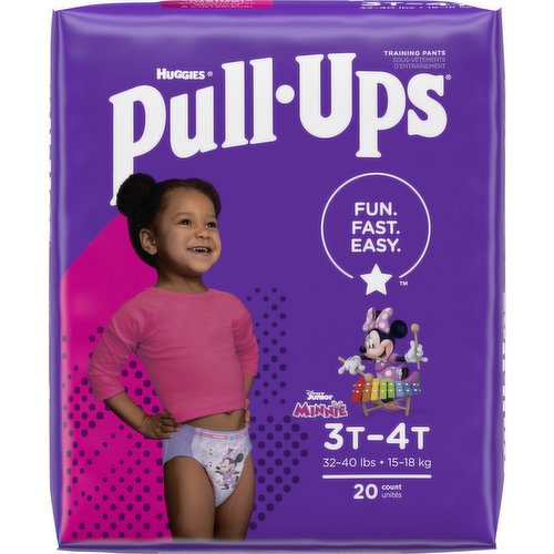15-18 kg. Fun. Fast. Easy. Free stickers inside! Free of elemental chlorine and fragrance. Instruments fade when wet so let's stay dry! Fun musical designs. Fast changes with refastenable sides. Easy training with underwear-like fit. pull-ups.com. how2recycle.info. Rewards chart available online at pull-ups.com. Questions? 1-800-990-4448 Kimberly-Clark Corp. Dept. PTPLBR-20 PO Box 2020 Neenah, WI 54957-2020 USA. Dispose of properly. Made in the USA from domestic and imported material.