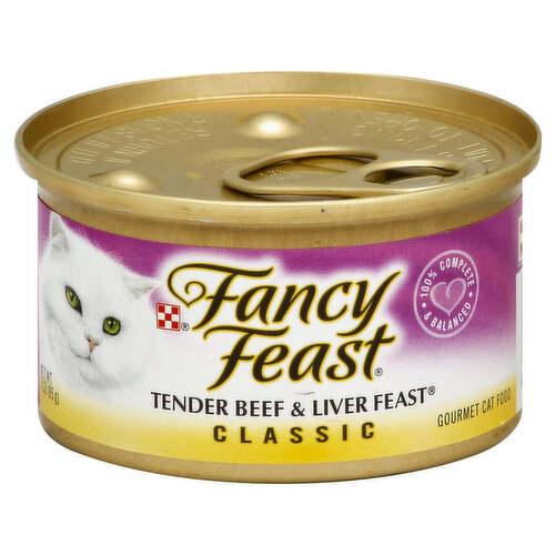 100% complete & balanced. Recyclable aluminum. Purina.com. Fancy Feast Classic Tender Beef & Liver Feast is formulated to meet the nutritional levels established by the AAFCO Cat Food Nutrient Profiles for all life stages. Calorie Content (calculated) 1138 kcal/kg 97 kcal/can. Please recycle. Printed in USA.
