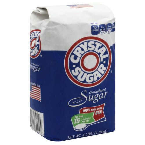 Per 1 Tsp: 15 calories; 0 g sat fat (0% DV); 0 mg sodium (0% DV); 4 g sugars. 15 calories per tsp. Fat-free. 0 g trans fat. Crystal sugar is the pure and natural ingredient you have counted on for great taste since 1899. Gluten free. Approximately 9-1/2 cups. Questions or comment about this product? Call toll free 1-800-782-9611. BCTGM: Bakery Confectionery Tobacco Workers & Grain Millers union made. AFL CIO CLC. 100% made in the USA.