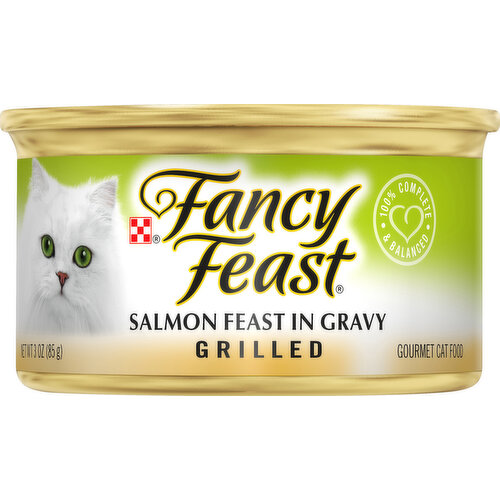 100% complete & balanced. Fancy Feast Grilled Salmon Feast in Gravy is formulated to meet the nutritional levels established by the AAFCO Cat Food Nutrient Profiles for all life stages. Calorie Content (Calculated) 824 kcal/kg, 70 kcal/can.