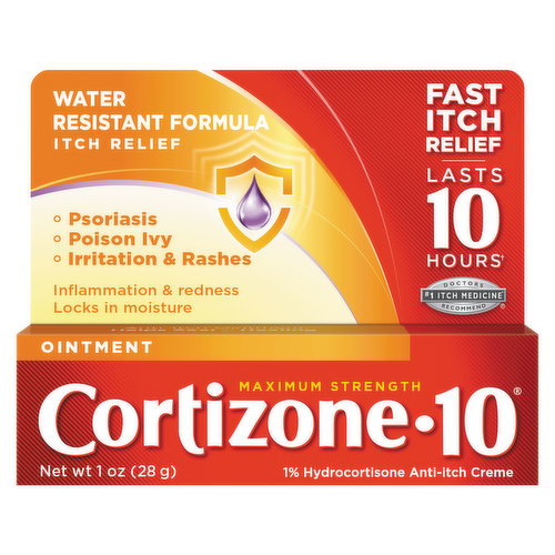 Water resistant formula itch relief. Psoriasis. Poison ivy. Irritation & rashes. Inflammation & redness. Locks in moisture. Fast itch relief. Lasts 10 hours (When used as directed). Doctors no. 1 itch medicine (Refers to the ingredient hydrocortisone) recommend. Anti-itch ointment helps seal in healing.