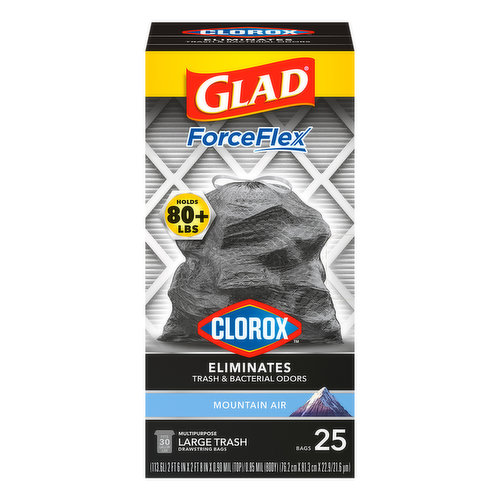 Glad ForceFlex Plus Trash Bags, Multipurpose, Drawstring, Large, 30 Gallon - 25 bags