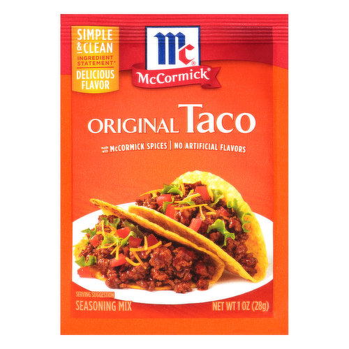 Turn dinner into fun-filled fiestas with tacos made with McCormick Original Taco Seasoning Mix. Sprinkle our signature blend of zesty seasonings, including onion, garlic, chili pepper and oregano, on your choice of ground beef or turkey for a hearty meal that’s ready to serve in just 15 minutes. McCormick Original Taco Seasoning Mix is the perfect choice for weekly taco nights! It also adds the vibrant flavors of the Southwest to family-pleasing dinners like taco casserole, chicken wings, burgers and taco mac ‘n cheese. Made with no artificial flavors and no added MSG, use our taco mix knowing that you're serving nothing less than the best.