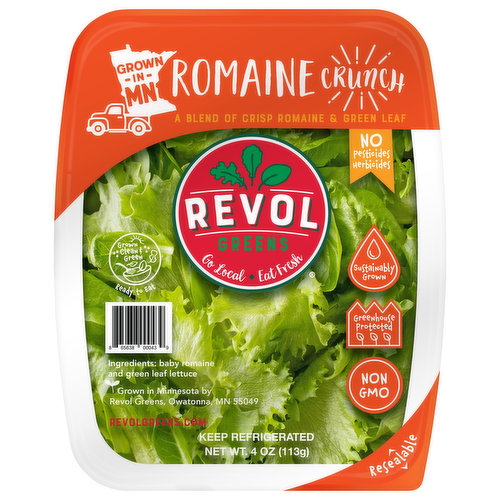 Revol Greens Romaine Crunch is grown inside a greenhouse and harvested daily, 365 days a year. Our regional greenhouse locations allow us to reach nearly all our customers within 24 hours of harvest, so that our greens arrive incredibly fresh and at peak nutritional value.