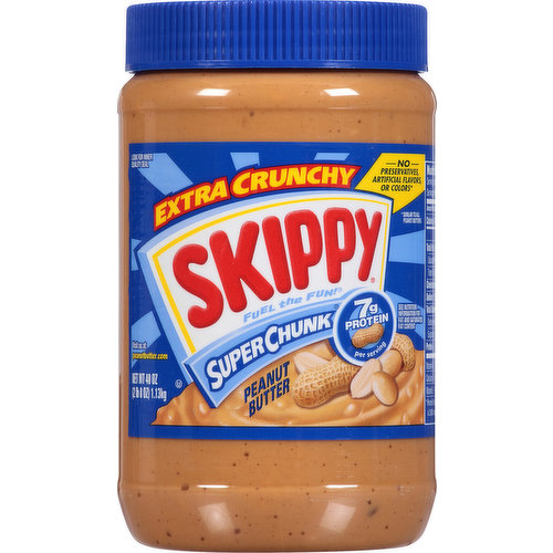 No preservatives, artificial flavors, or colors (Similar to all peanut butters). 7g protein per serving. Gluten free. See nutrition information for fat and saturated fat content. Good source of vitamin E. Fuel the fun! Look for inner quality seal. peanutbutter.com. Comments and questions call 1-866-4SKIPPY. Visit us at: peanutbutter.com.