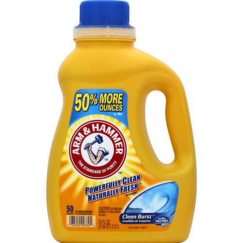 50 loads (Based on medium loads when measured as directed). 50% more ounces vs. 50 oz. 2X concentrated vs. non-concentrated detergents. For all machines including HE. Powerfully clean naturally fresh. The standard of purity. Questions? Ingredients? 1-800-617-4220 or visit www.churchdwight.com. Contains no phosphates. Recyclable.