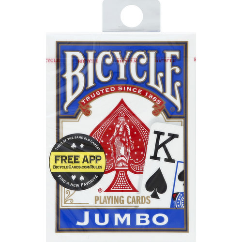 Trusted since 1885. Tired of the same old games? Free App: BicycleCards.com/Rules. Find a new favorite. Every time you open a fresh deck of Bicycle playing cards, you are handling 125 years of expertise. We proudly craft each deck using custom paper and coatings, so you can trust Bicycle performance hand after hand. Air-cushion finish. Come to play. bicyclecards.com. Made in the USA. Made in USA.