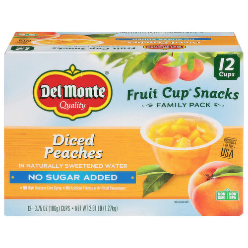 Del Monte Fruit Cup Snacks, Diced Peaches, No Sugar Added, Family Pack