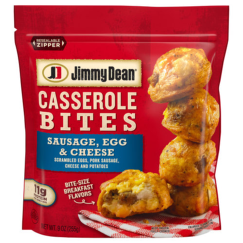 Savor the satisfying flavors of a weekend breakfast casserole with Jimmy Dean Fully Cooked Sausage Egg and Cheese Casserole Bites. Featuring the delicious combination of scrambled eggs, pork sausage, cheese and potatoes, these casserole bites offer a quick, microwavable breakfast option that is ready in minutes. With 11 grams of protein per serving, these fully cooked casserole bites are the perfect portable breakfast. For a delicious breakfast at home or on the go, microwave and serve. Includes one 9 oz resealable bag of fully cooked sausage egg and cheese casserole bites. Jimmy Dean once said, "Sausage is a great deal like life. You get out of it what you put in." Which pretty much sums up his magic formula for having a great day. Today's your day to shine on™.