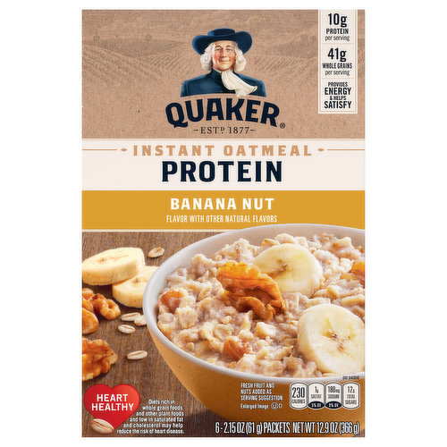 Provides energy & helps satisfy. Start your morning with a tasty bowl of Quaker Protein Oatmeal. This bowl provides you with delicious flavor and a good source of protein per serving through a combination of our oats, whey protein and nuts. Quaker Sustainability Pledge: We value our communities and are continually on the lookout for ways to reduce our environmental impact - especially in areas of oat farming, packaging, and shipping. We've made progress, but there's more work to be done. Join us in our journey to take better care of the Earth. After all, that's where oats come from. Protein is essential to a number of normal body functions, including helping to build cells and tissue.