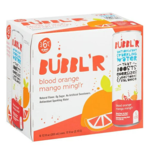 BUBBL'R Antioxidant Sparkling Water - blood orange mango mingl'r - 6 pk/12 fl oz. Cans