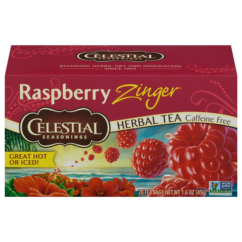 Great hot or iced! Blending herbs, art and inspiration. Since 1969. Blendmaster's notes. Raspberry Zinger: This robust herbal brew gets its sweet-tart aroma and taste from tangy, fruity hibiscus (the zing in every Zinger tea) and ripe, red raspberry flavor. Served warm, this bold blend is soothing and satisfying. Served over ice and it's the very taste of a summer's day. - Charlie Baden, Celestial Seasonings Blendmaster. The Story of Celestial Seasonings: Back in 1969. We started picking herbs from the fields and forests of the Rocky Mountains and at that moment, we created America's very first herbal tea. Still blended in Boulder by our expert Blendmaster, our uniquely delicious teas are made with the finest ingredients, passion and inspiration. Between true friends, even water drunk together is sweet enough. - Zimbabwean Proverb.