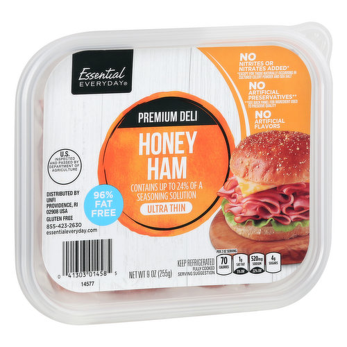 No artificial flavors. Per 2 oz Serving: 70 calories; 1 g sat fat (5% DV); 520 mg sodium (22% DV); 4 g total sugars. Gluten free. No nitrites or nitrates added (Except for those naturally occurring in cultured celery powder and sea salt). No artificial preservatives (See back panel for ingredients used to preserve quality. 96% fat free. Contains up to 24% of a seasoning solution. Fully cooked. Like it or let us make it right. That's our quality promise. 855-423-2630. essentialeveryday.com. US Inspected and Passed by Department of Agriculture. essentialeveryday.com.