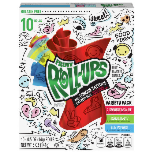 Fruit Roll-Ups Variety Pack features Strawberry Sensation, Tropical Tie-Dye, and Blue Raspberry flavors. With wild flavors and colors, the possibilities for fun are endless. These individually wrapped snack bags are the perfect treat to include in a packed school lunch box. Each roll comes with an assortment of tongue tattoos for wacky fun. These tasty gummy treats are made without gluten, gelatin, or artificial flavors. This variety pack contains vitamin C for snacks you can feel great about. They are the perfect addition to your pantry and a snack every member of the family will love. Contains 10 fruit flavored snack pouches in total.