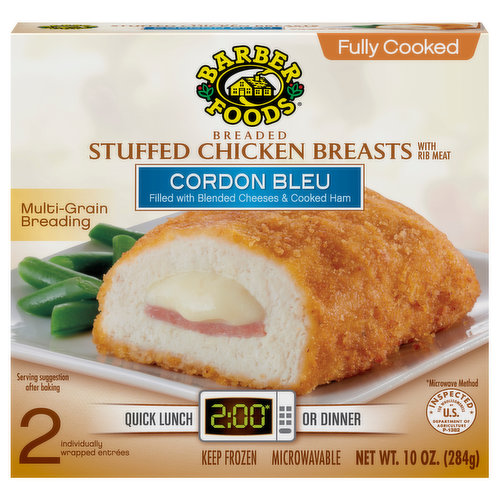 For a delicious entree that is easy to prepare, Barber Foods Breaded Stuffed Chicken Breasts Cordon Bleu Fully Cooked are perfect for any night of the week. We start with a creamy blend of cheeses, add a generous slice of ham, wrap it all in savory, boneless chicken and add crispy golden brown multi grain breading. With 24 grams of protein per serving, these frozen stuffed chicken breasts with rib meat are easy to prepare in the oven or microwave. For a quick lunch or dinner, prepare and serve with a side of roasted vegetables. Includes one 10 oz package of 2 individually wrapped breaded stuffed chicken breasts cordon bleu fully cooked. With unmatched flavor and quality, Barber Foods provides the best of everything, and that's been our pledge since we started our business in 1955. Bring Barber Foods stuffed chicken to the table tonight and you'll find it's an instant family favorite that's perfect for every night of the week.