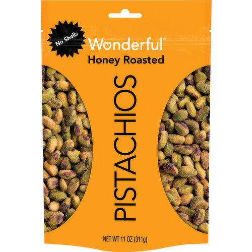 Gluten free. Heart Healthy: Scientific evidence suggests but does not prove that eating 1.5 ounces per day of most nuts, such as pistachios, as part of a diet low in saturated fat and cholesterol may reduce the risk of heart disease. See nutrition information for fat content. Non GMO Project verified. nongmoproject.org. Grab a sweet snack with honey roasted wonderful pistachios no shells. They're kissed with honey, sugar and a pinch of salt for a sweet and savory snack you can't set down. Plus, we took out the shells, so it's less crackin, more snackin'. WonderfulPistachios.com. Questions or Comments? Call: 1-877-450-9493. Product of USA.