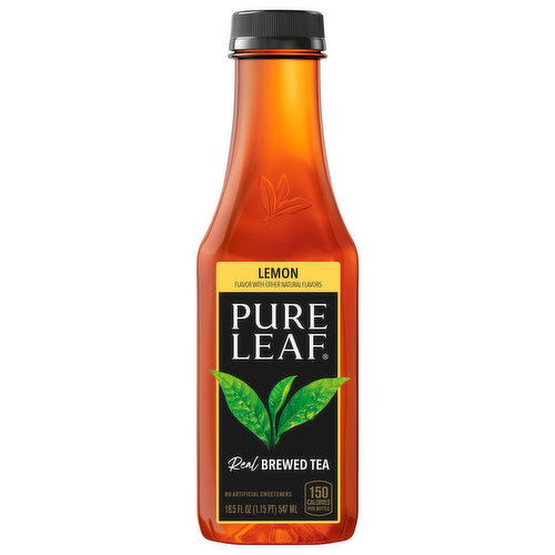 Real brewed tea. Lemon flavor with other natural flavors. No artificial flavors. 150 Calories per bottle. Caffeine Content: 69mg/18.5 fl oz. No is beautiful. No artificial sweeteners. PureLeaf.com. how2recyle.info. Smarlabel: Scan here for more food information or call 1-800-352-4477. We're here to help. PureLeaf.com or 866-612-2076. Made with 50% recycled content bottle. No To Waste: At Pure Leaf, we're committed to bringing you the highest quality tea and reducing our impact on the environment. That is why we are making this bottle with 50% recycled content. Together, we can work toward a more sustainable tea industry. Rainforest Alliance people & nature tea. Brewed in USA.