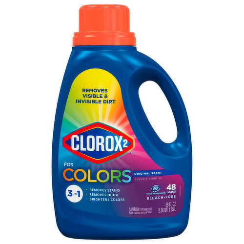 Laundry additive. 3 in 1. Removes stains. Removes odors. Brightens colors. Removes visible & invisible dirt. Safe for all colors & fabrics. Add to every load!