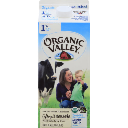 USDA Organic. Oregon Tilth Certified Organic. 1% milkfat. Vitamin A & D.  Organic is always non GMO. Ultra pasteurized. The McClelland Family Farm. Organic Valley farmer-owner. We never use: antibiotics; synthetic hormones; toxic pesticides; GMOs. Pasteur-Raised Goodness: Organic Valley's commitment to the highest organic standards and animal care practices helps make all of our food delicious and nutritious. From our award-winning butter and cheese to our free-range organic eggs, Organic Valley offers a difference you can taste. Raising Standards - and Cows: This nutritious milk comes to you from our family farms committed to the highest organic standards. With generations of farming wisdom, we know the best organic milk begins with healthy soil and the care of our cows. Always Handle with Care: Cows are part of our family and respect for animals is part of how we do business. Time in the pasture means our cows' milk naturally delivers omega-3, CLA and calcium (This milk contains an average of 24 mg omega-3 and 17 mg CLA per serving. See ov.coop/grassup for more information). Our 57 quality checks ensure your milk arrives tasting as fresh as can be. You wouldn't put them on your table, so we never use antibiotics, synthetic hormones, toxic pesticides, or GMOs. From Our Family to Yours: Like you, we care about how food is grown, how it tastes, and how healthy it is for all living things. The McClellands are one of the many families across the country and in your area sustainably producing Organic Valley's dairy products. We are your neighbors, a national cooperative of real farmers growing real food the right way. Find an OV farm near you at ov.coop/farmer. Pasture-Raised with Love: In a way, cows are like kids - the more time outside, the better. Our farmers send their cows out into lush, organic pastures for fresh air, exercise and grazing (weather permitting, of course). Thank you for choosing our products and sharing in the organic movement. Homogenized. Grade A. www.organicvalley.coop Our cows are social and so are we! Facebook. Tumblr. Instagram. Pinterest. Olympics proud sponsor. TetraPak: Protects what's good.  Product of the USA.