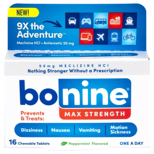 Bonine Meclizine HCL, Max Strength, 50 mg, Peppermint Flavored