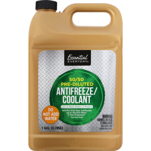 Essential Everyday 50/50 pre-diluted antifreeze/coolant is a phosphate free, low silicate blend of chemical inhibitors and water, compatible with most coolants. It can be used in most automotive, light truck and heavy duty applications. No need to use Supplemental Coolant Additive on initial fill. This formula has a concentrated blend of long-lasting inhibitors to guard against temperature extremes and ravages of rust, corrosion and premature water pump failure. Essential Everyday 50/50 pre-diluted antifreeze/coolant is a 50% blend of ethylene glycol and water with added inhibitor chemistry that provides extended service in cars and trucks. The recommended change intervals with proper maintenance practices is 150,000 miles or 5 years (If maintained, checked and serviced at regular service intervals). Do not add water. Always top up with blended, ready to use Essential Everyday 50/50 pre-diluted antifreeze/coolant. If maintained, checked and serviced at regular service intervals. Essential Everyday 50/50 pre-diluted antifreeze/coolant, when used as directed, is compatible with most extended service coolants as well as conventional inorganic coolants. Dilution with non-extended service coolants will reduce the extended service benefits. Always consult owner's manuals for recommended maintenance practices. Protection: Essential Everyday 50/50 pre-diluted antifreeze/coolant. Freeze-Up Protection: -34 degree F. Boilover Protection (Using a 15lb. Pressure cap in good condition): +265 degrees F. ASTM Standards: Meets or exceeds ASTM S3306 and ASTM D6210. 100% quality guaranteed. Like it or let us make it right. That’s our quality promise. www.P65Warnings.ca.gov. essentialeveryday.com. Made in USA.