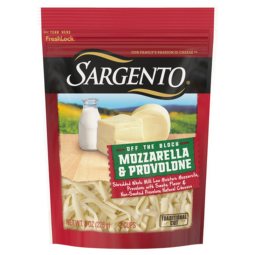 Sargento Shredded Cheese, Mozzarella & Provolone, Traditional Cut