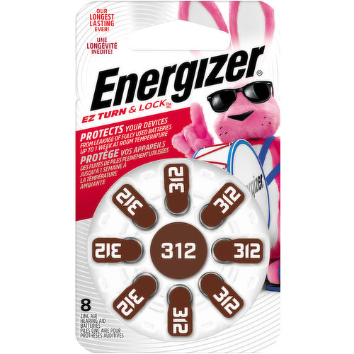1.4 vcc zinc air batts. EZ turn & lock. Our longest lasting ever! Protects your devices from leakage of fully used batteries up to 1 week at room temperature. Replaces all size 312. www.energizer.com. 100% packaging recyclable if available in your area. Made in Germany for Energizer Brands, LLC, St. Louis, MO 63161.