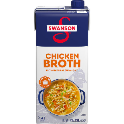 Elevate your homemade meals with the rich, full-bodied flavor of Swanson® Chicken Broth. Swanson’s chicken broth brings together the perfectly balanced flavors of farm-raised chicken, vegetables picked at the peak of freshness, and high-quality seasonings in a convenient recyclable carton. And just like homemade, our broth uses only 100% natural, non-GMO ingredients, with no MSG added*, no artificial flavors or colors, and no preservatives. More convenient than chicken bouillon, this fat-free, gluten-free chicken broth is a versatile ingredient for your everyday cooking, adding flavor and moisture to both entrees and side dishes. It’s great as a soup base, and it can be used instead of water to boost rich flavor in rice, pasta and veggies. Swanson® Chicken Broth is a must-have-for your holiday cooking, bringing richer, elevated homemade flavor to mashed potatoes, stuffing and more. It’s not just any broth. It’s Swanson®.

*Small amount of glutamate occurs naturally in yeast extract