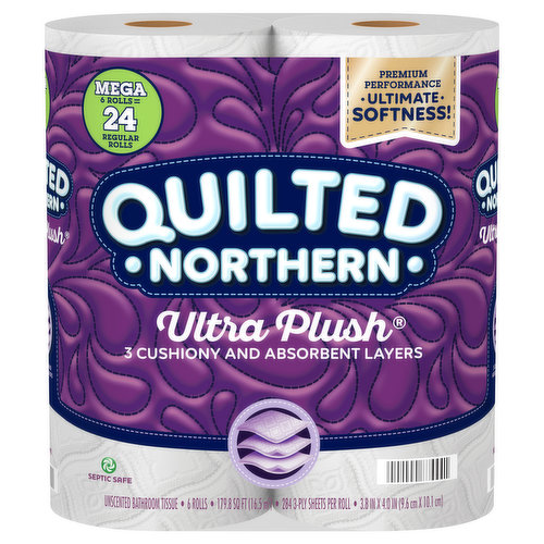 Premium performance. Ultimate softness! Mega 6 rolls = 24 regular rolls. 3 cushiony and absorbent layers. Septic safe. 4x as many sheets. Quilted Northern Ultra Plush: Persnickety About the Good Life: Confession: We can be a little obsessive about all the tiny details that go into our products. After all, crafting Quilted Northern Ultra Plush to upgrade your bathroom experience matters. That's why it features: Three cushiony and absorbent layers for ultimate comfort that still offer a worry-free septic-safe solution. Our patented technology that delivers that softness you want while cutting down on what you don't (lint!). Flushable and septic safe for standard sewer and septic system. FSC: Mix - paper from responsible source. www.fsc.org. Our trees are sourced from well-managed, FSC certified forests and other responsible sources. Sign up for savings and more at: quiltednorthern.com/savings.