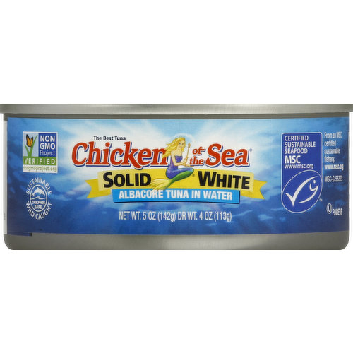 The best tuna. Naturally 98% fat free. High in protein. Find great recipes at: www.chickenofthesea.com. For comments concerning this product call toll-free (844)698-8621 (include code from can). 100% recyclable packaging. Wild caught. Dolphin safe. Heart healthy omega-3 (supportive but not conclusive research shows that consumption of EPA and DHA omega-3 fatty acids may reduce the risk of coronary heart disease. One serving of white tuna in water provides 0.3 grams of EPA and DHA omega-3 fatty acids. See nutrition information for total fat, saturated fat and cholesterol content.