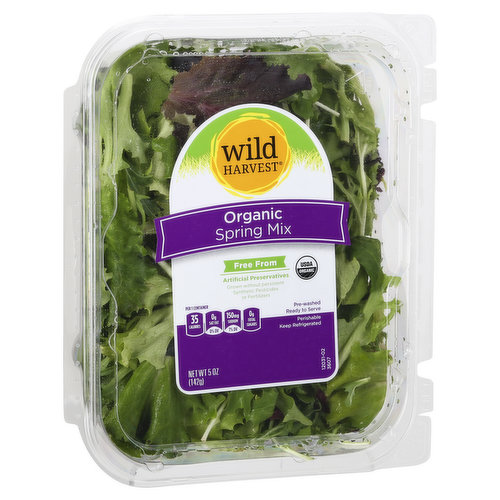 Salad Mix. Per 1 Container: 35 calories 0 g sat fat (0% DV); 150 mg sodium (7% DV); 0 g total sugars. USDA Organic. Certified Organic By CCOF. Free from: Artificial preservatives. Grown without persistent synthetic pesticides or Fertilizers. Pre-washed. Ready to serve. Thoroughly washed. mywildharvest.com. Please recycle. Produce of USA.