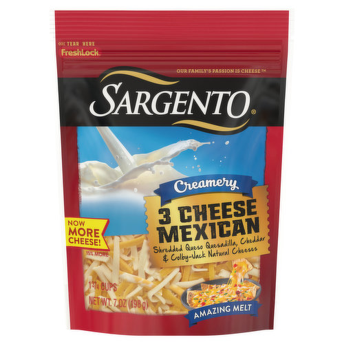 Sargento Shredded Cheese, 3 Cheese Mexican, Creamery