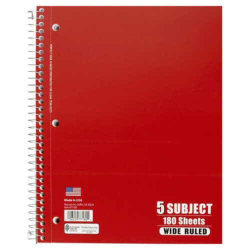 Norcom Notebook, 5 Subject, Wide Ruled, 180 Sheets