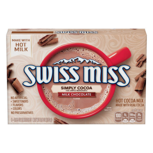No artificial flavors. Per 1 Envelope: 100 calories; 0 g sat fat (0% DV); 150 mg sodium (7% DV); 20 g total sugars. Gluten free. Make with hot milk. Made with real cocoa. Five simple ingredients. Embrace Every Sip of Swiss Miss: Our Simply Cocoa Mix is made with 5 simple ingredients, including delicious silky-smooth cocoa, to warm and delight you with every mug. Whatever you're warming up to, know that you've got everything you need in the palms of your hands. No Artificial: sweeteners; flavors; colors. No preservatives. how2recycle.info. www.swissmiss.com. SmartLabel: Scan for more food information. Questions or comments, visit us at www.swissmiss.com or call Mon.-Fri., 1-800-457-6649 (except national holidays). Please have entire package available when you call so we may gather information off the label.