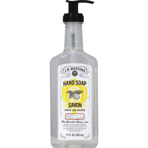 Since 1868. Trade mark. Free yourself. Paraben-free, phthalate-free. Propylene glycol-free. Dye-free. A natural history. From a bluff high above the Mississippi river in Winona, Minnesota, comes the purity of J.R. Watkins. Our tried-and-true products have been good and natural through and through since 1868. Trial Mark: The original J.R. Watkins satisfaction guaranteed - since 1868. J.R. Watkins lemon liquid hand soap leaves hands soft and clean with an invigorating, clean scent. Animal-testing free. Cruelty free. Please recycle. JRWatkins.com. Crafted in the USA since 1868 - Naturally. Made in USA.
