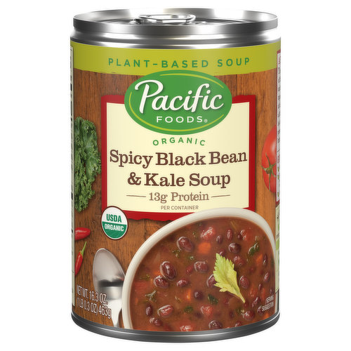 Plant-based soup. A Perfect Match: The perfect combination of fiber-rich black beans and nutritious kale, topped off with a touch of chili powder to give it a little kick. This soup is a nutritional powerhouse that is brimming with flavor! Recyclable. Nourish Everybody: By choosing Pacific you're helping us share nourishing meals with locals food pantries and schools.